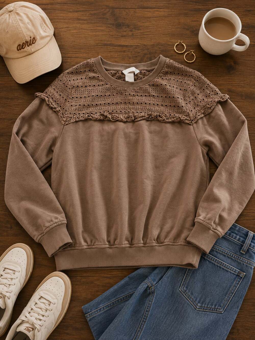 H&M Eyelet Ruffle Crewneck Sweatshirt (v1)